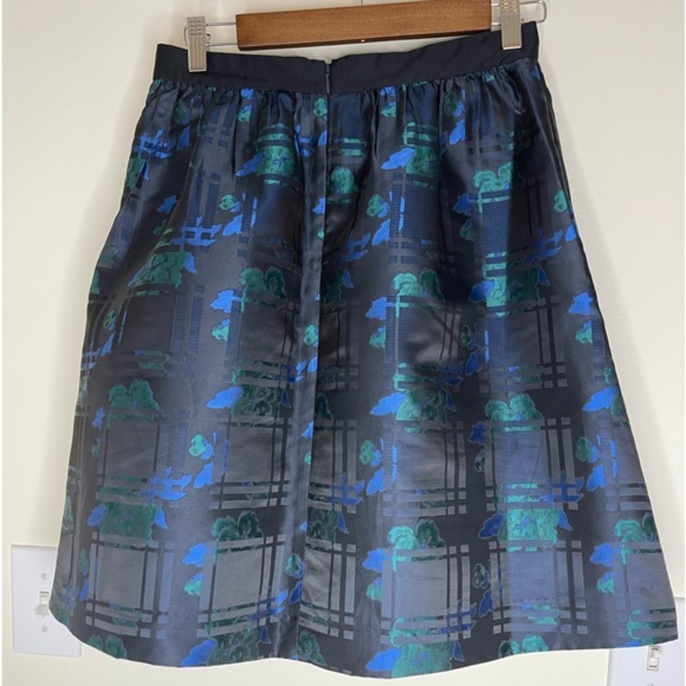 J Crew Sz 2 Formal Black Skirt A-Line Metallic Floral Blue Green Pockets